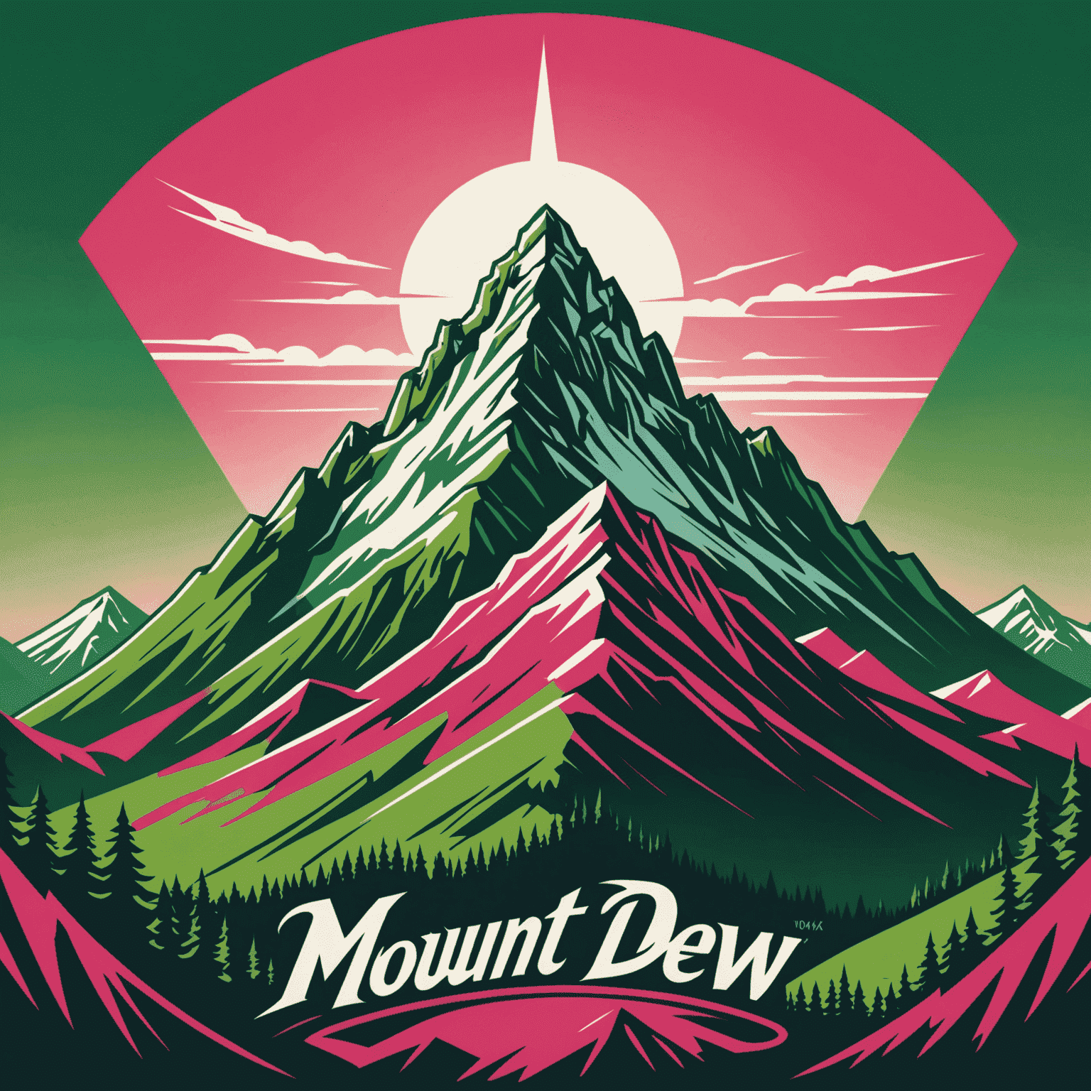 Mount Dew logo featuring a stylized mountain peak with red and pink hues