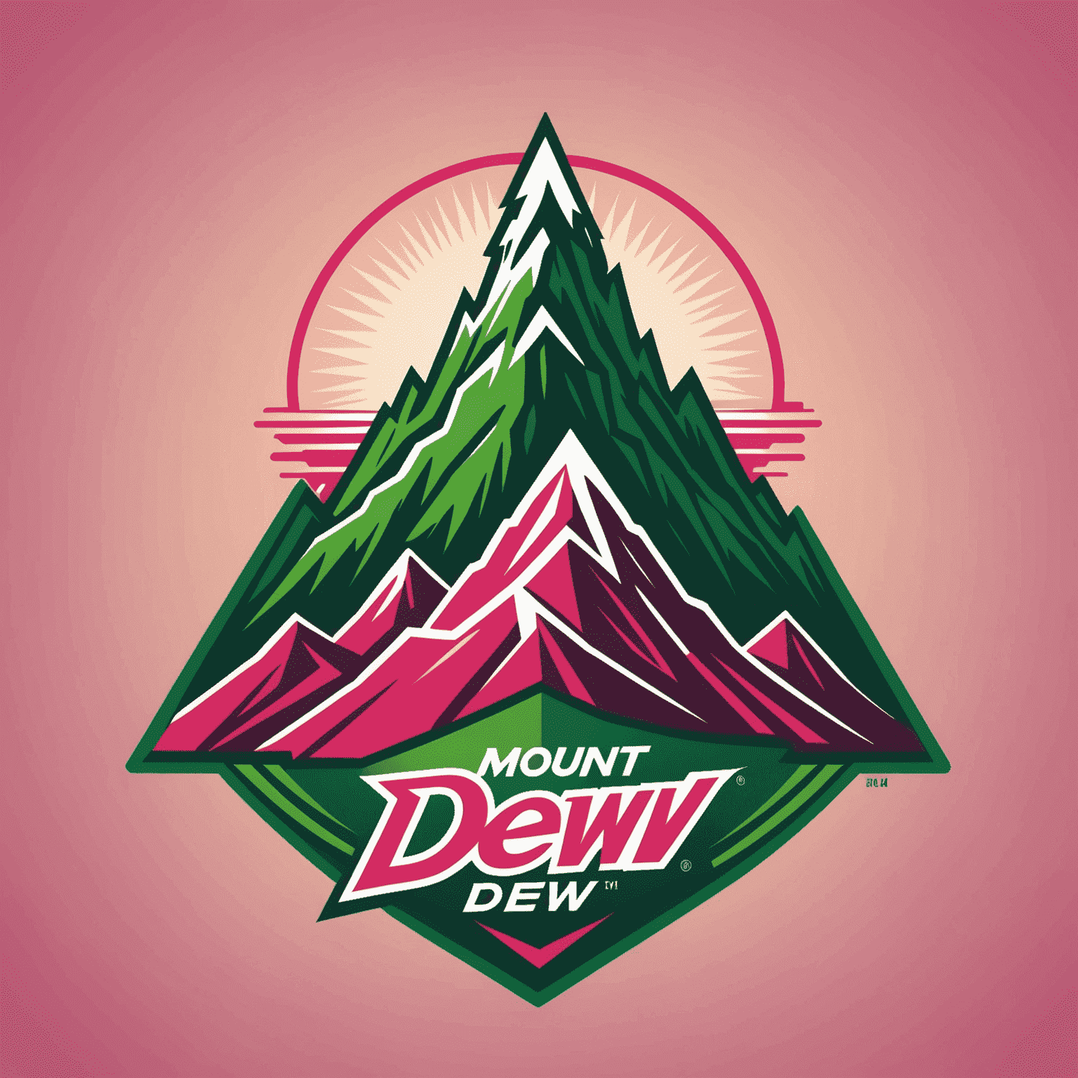 Mount Dew logo featuring a stylized mountain peak with red and pink hues