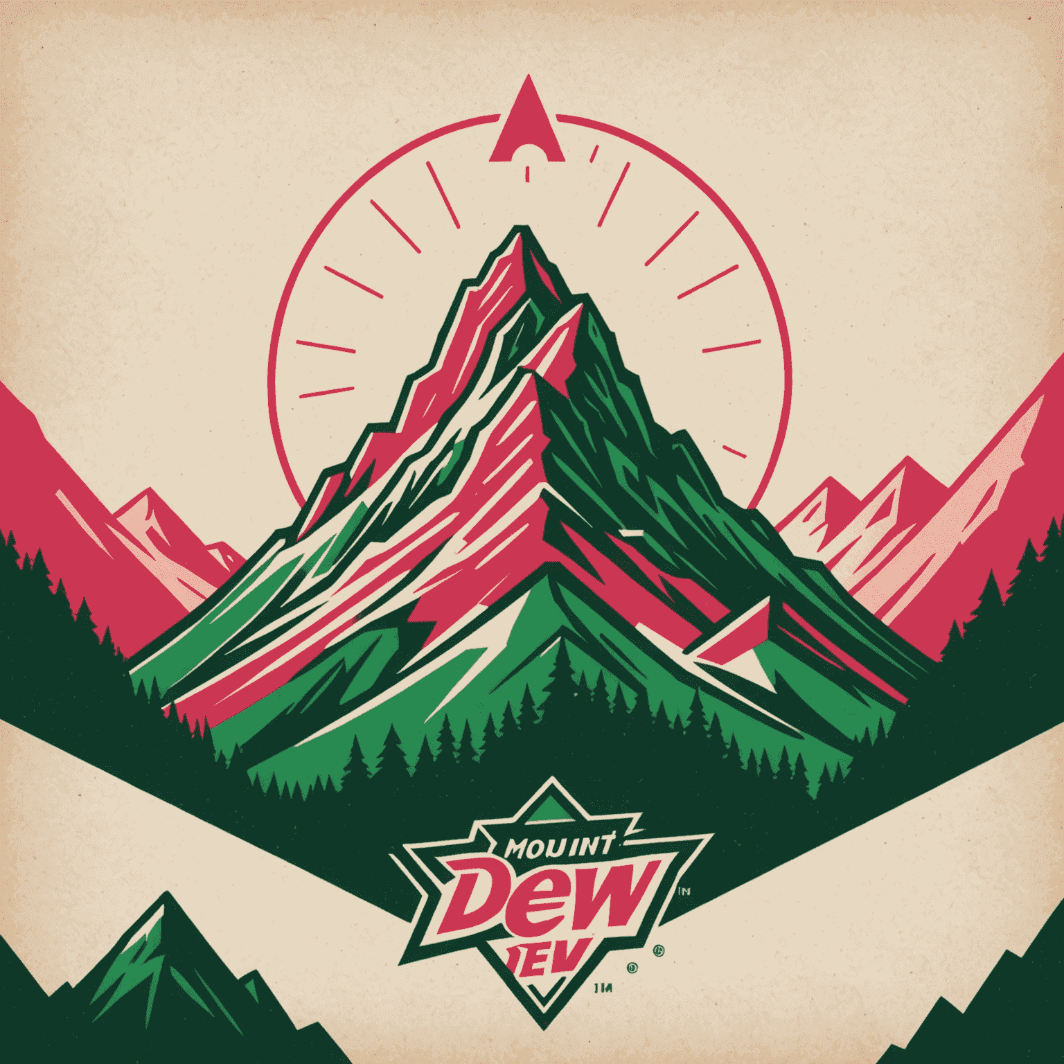 Mount Dew logo featuring a stylized mountain peak with red and pink hues