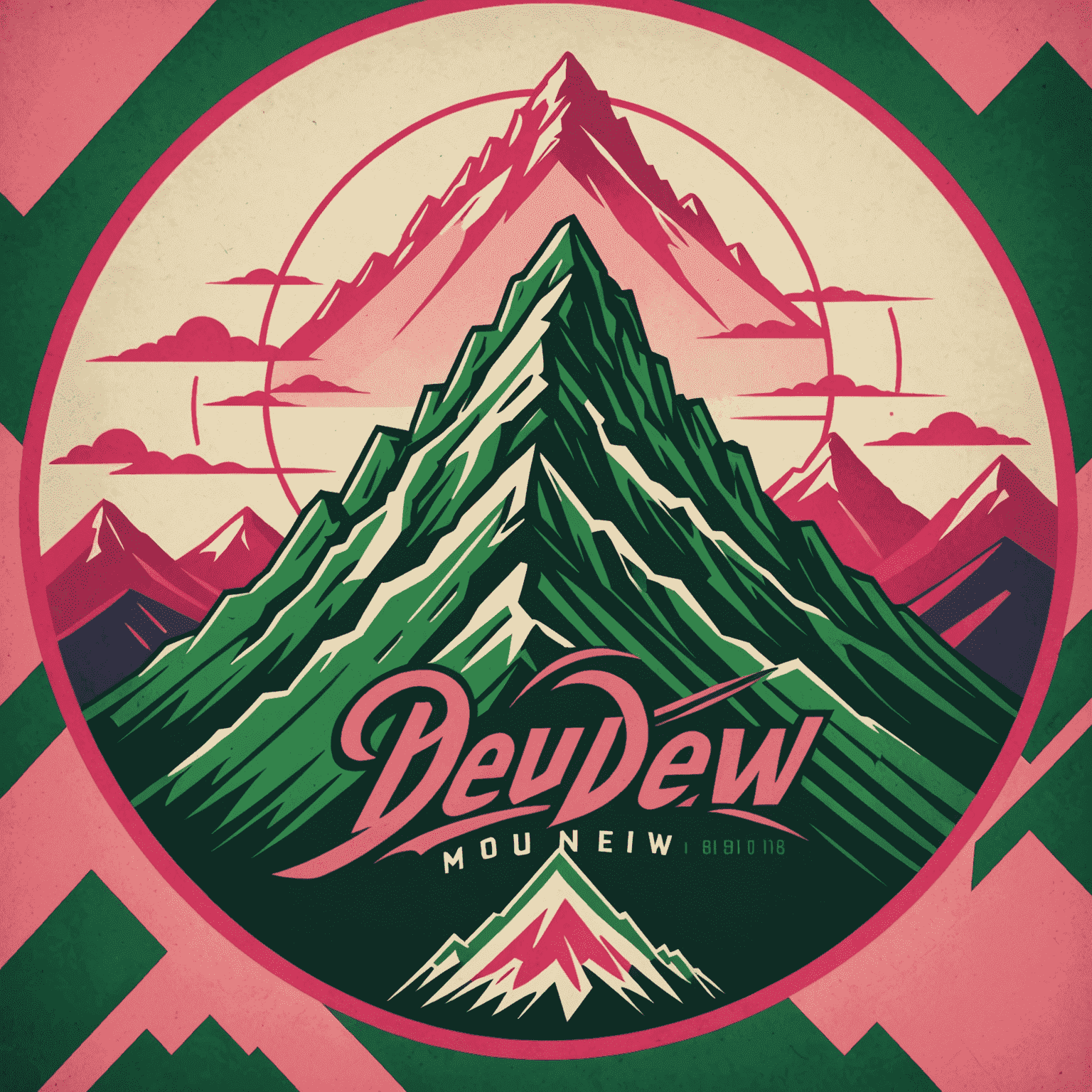 Mount Dew logo featuring a stylized mountain peak with red and pink hues