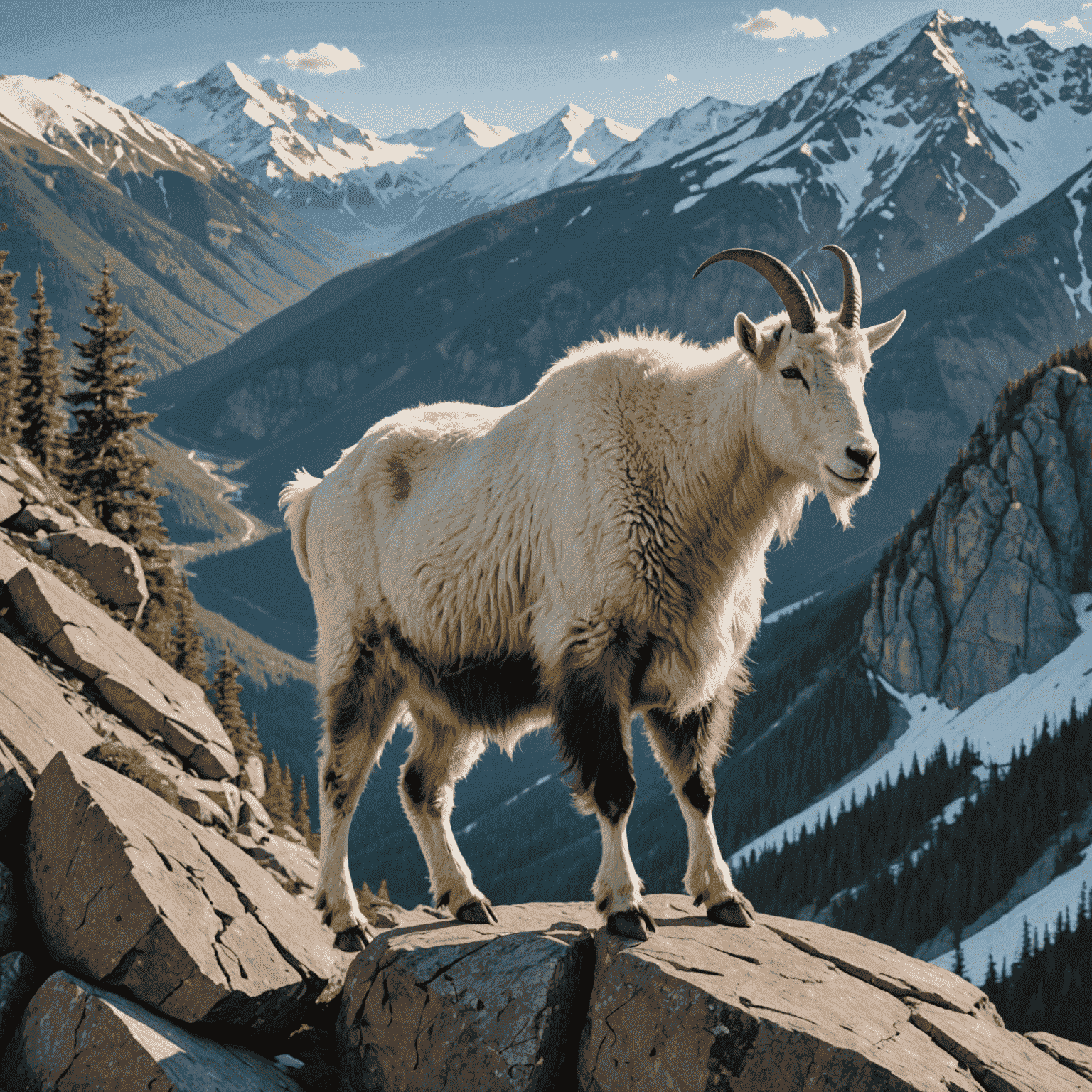 A majestic mountain goat perched on a rocky outcrop near Mount Dew resort, with snow-capped peaks in the background