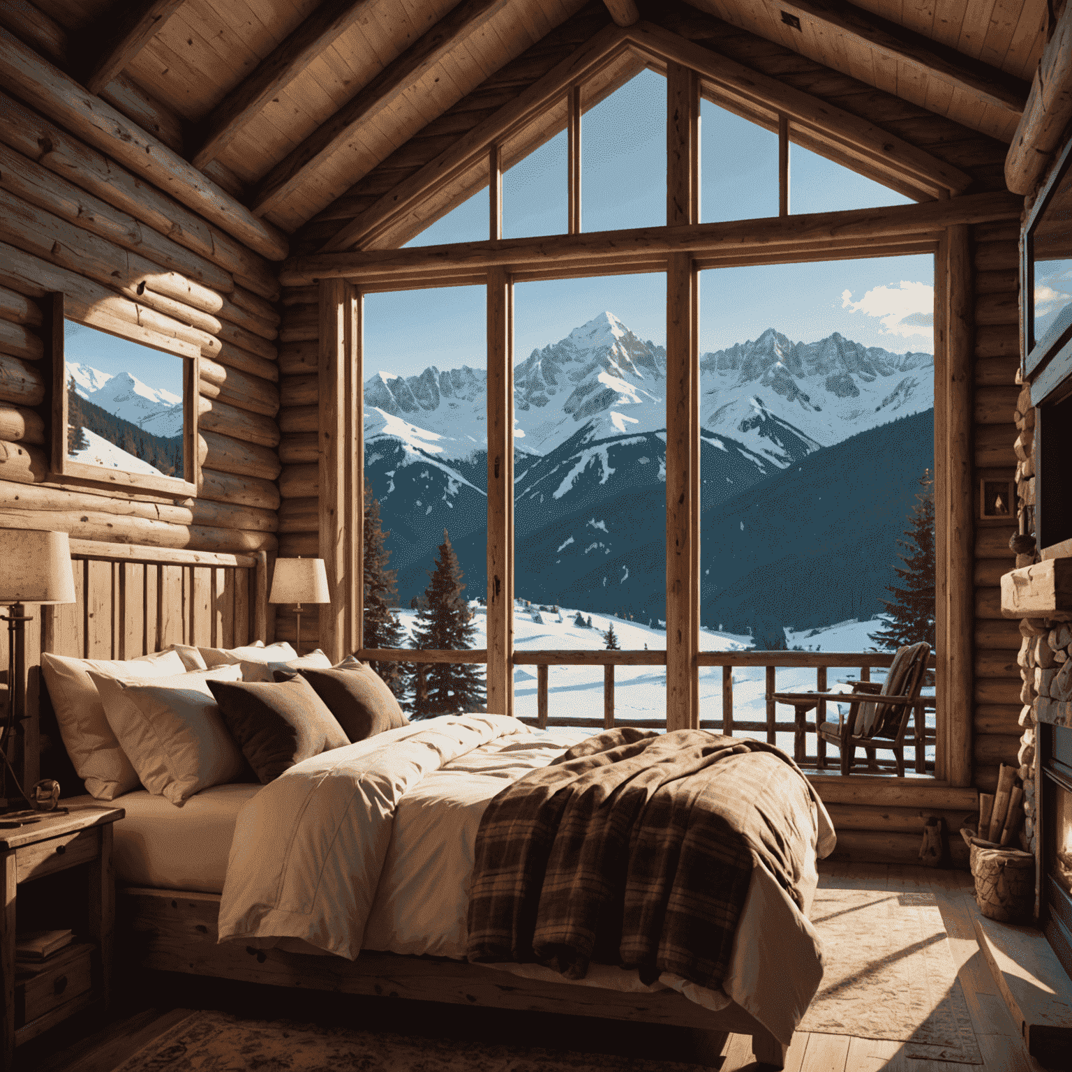 A cozy mountain lodge room with a large window overlooking snow-capped peaks, featuring a rustic wooden bed and warm lighting