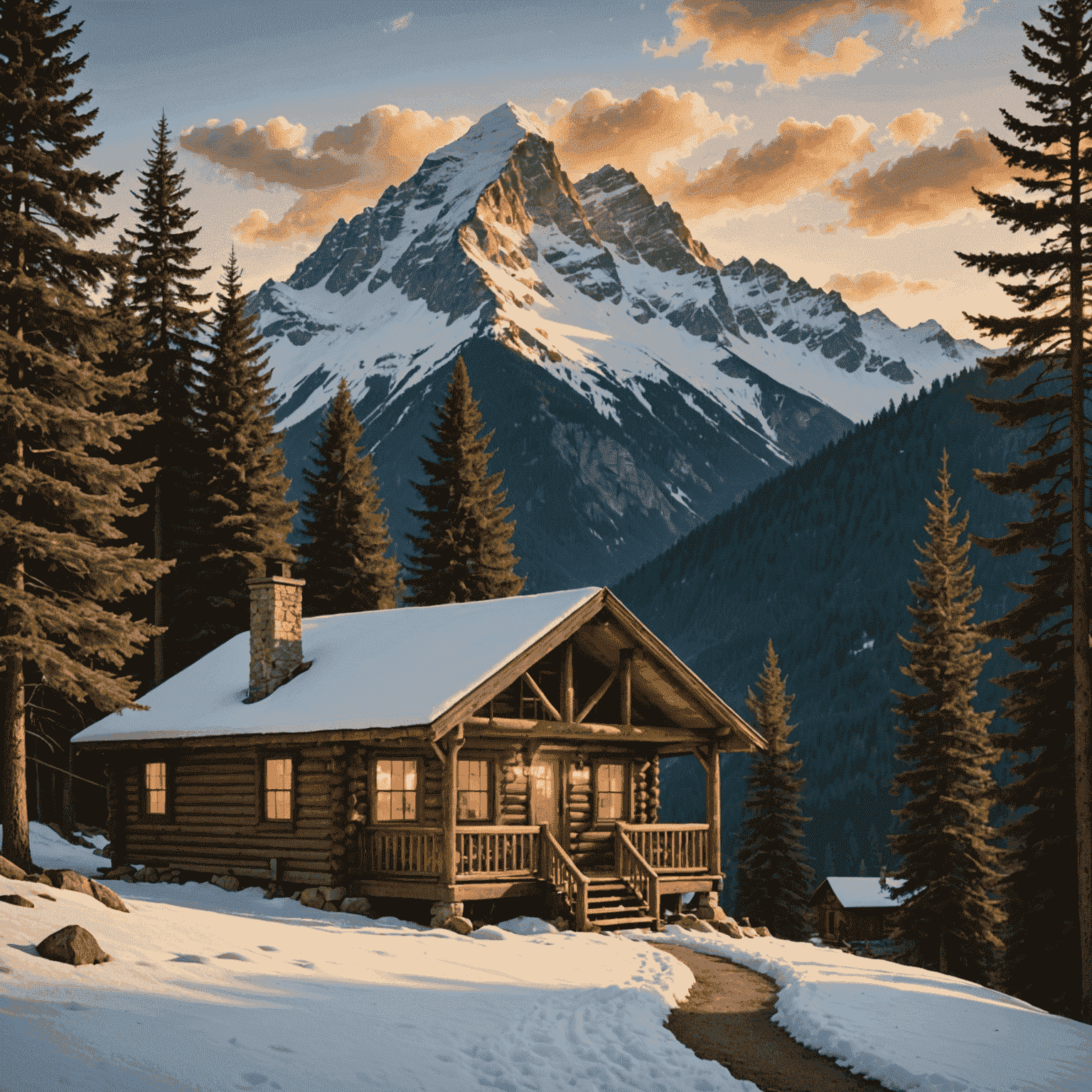 A cozy wooden cabin nestled in the mountains, surrounded by pine trees with a snow-capped peak visible in the background. A warm glow emanates from the windows, inviting travelers to relax after their journey.