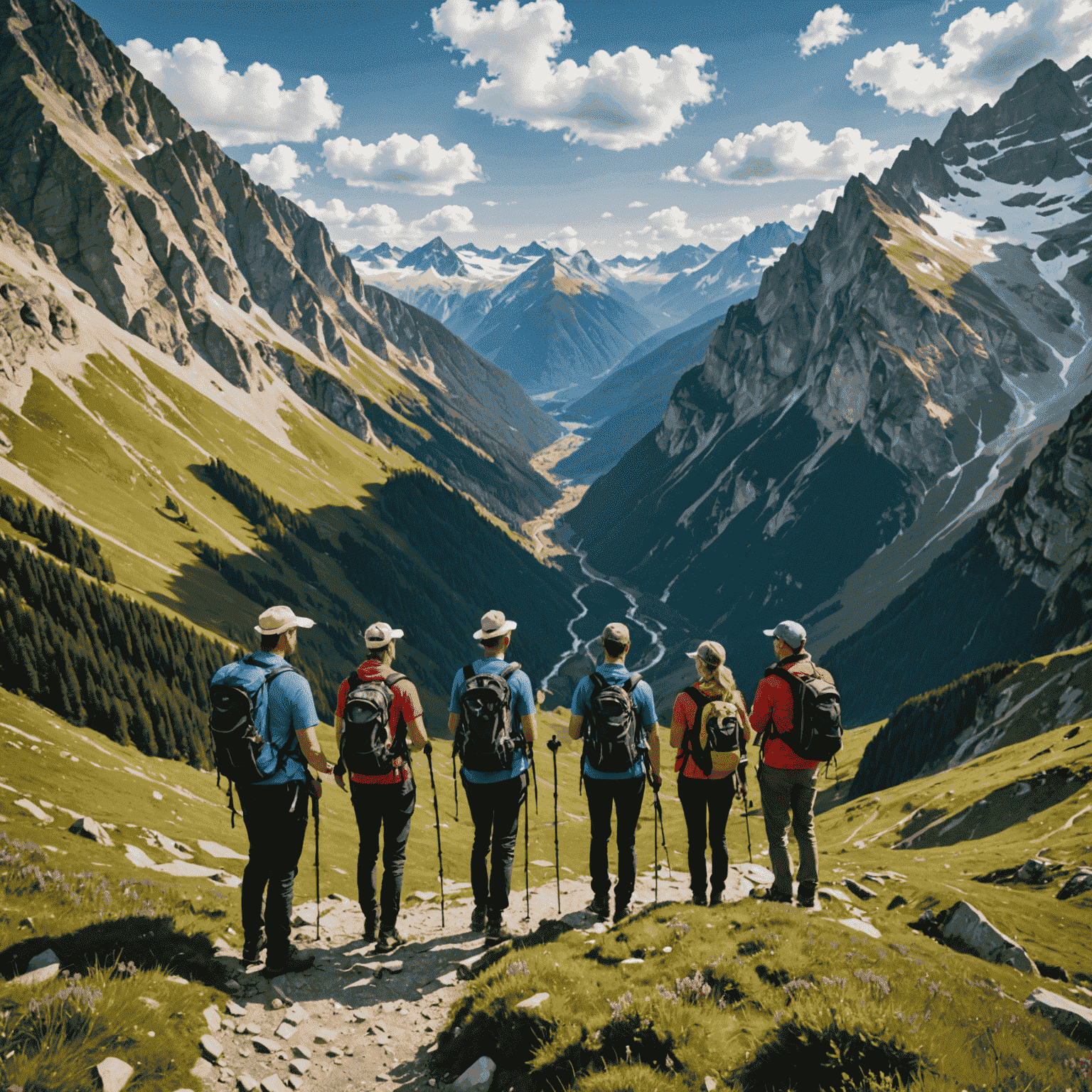 A group of hikers on a mountain trail, surrounded by breathtaking alpine scenery. The tour guide is pointing out interesting features of the landscape.