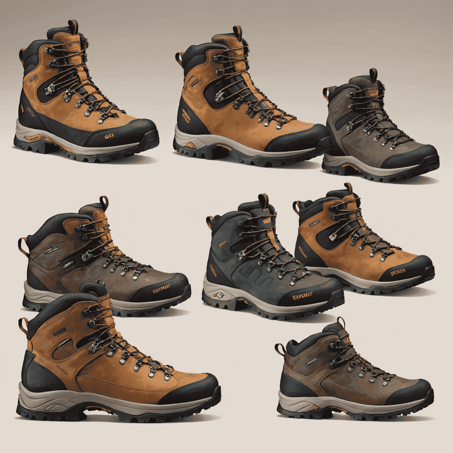 Various hiking boots for different terrains and weather conditions, ranging from lightweight trail runners to heavy-duty mountaineering boots