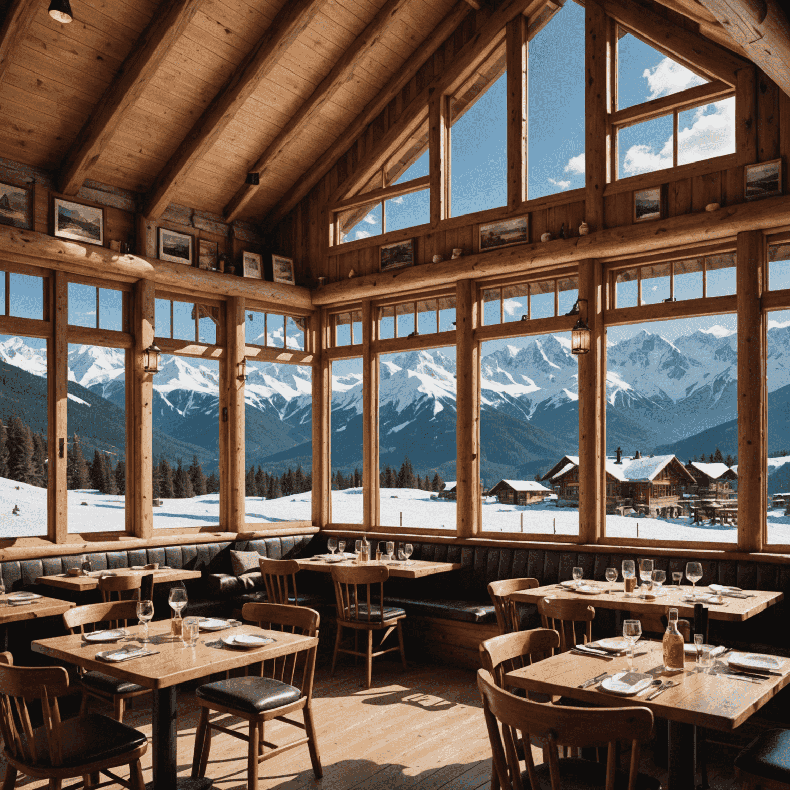 A cozy mountain restaurant with wooden interiors, large windows offering panoramic views of snow-capped peaks, and tables set with rustic tableware