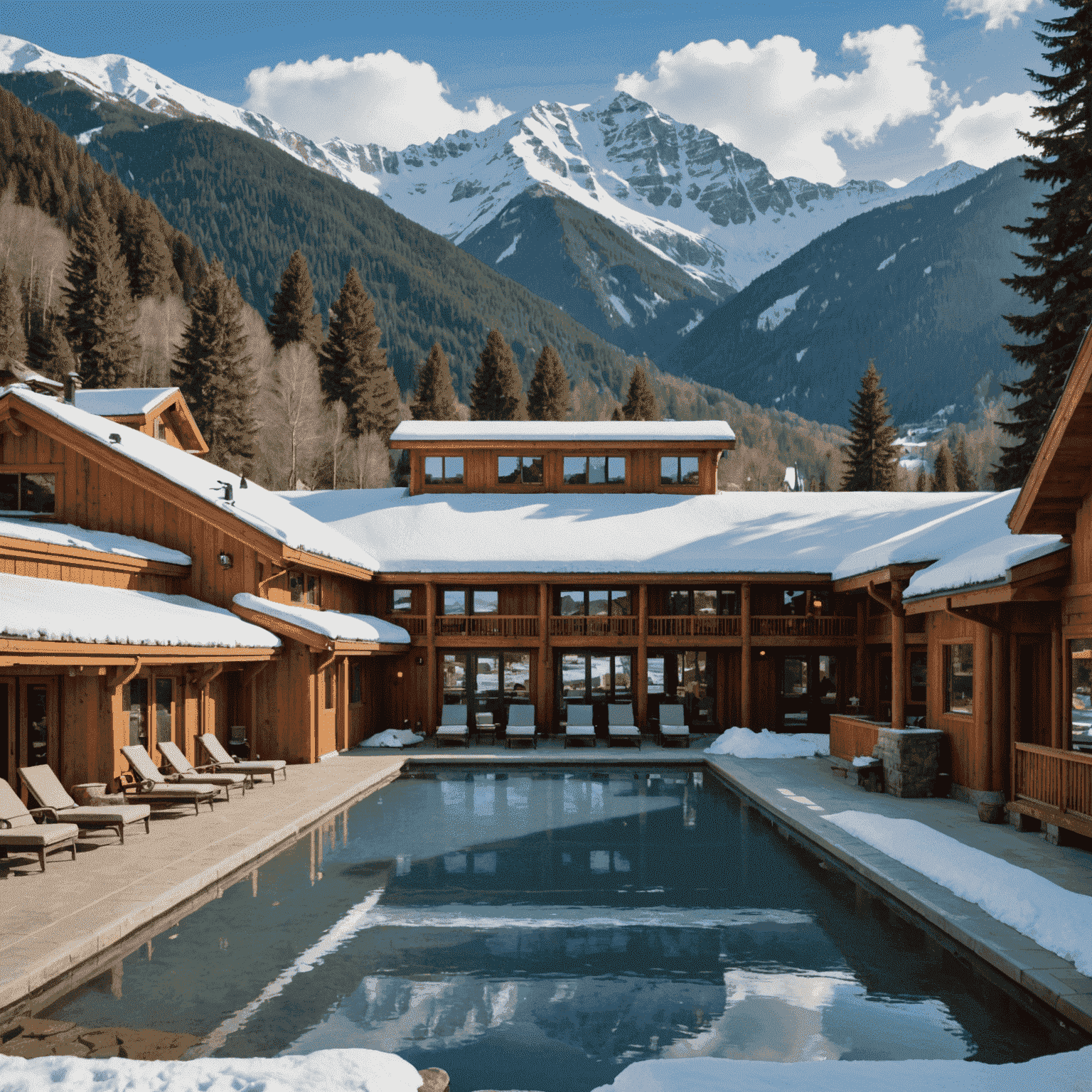 Exterior view of our mountain spa wellness center with snow-capped peaks in the background