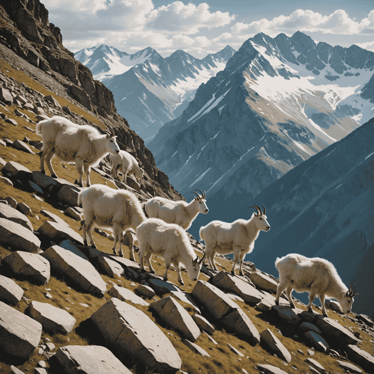 A group of mountain goats grazing on a steep rocky slope with snow-capped peaks in the background