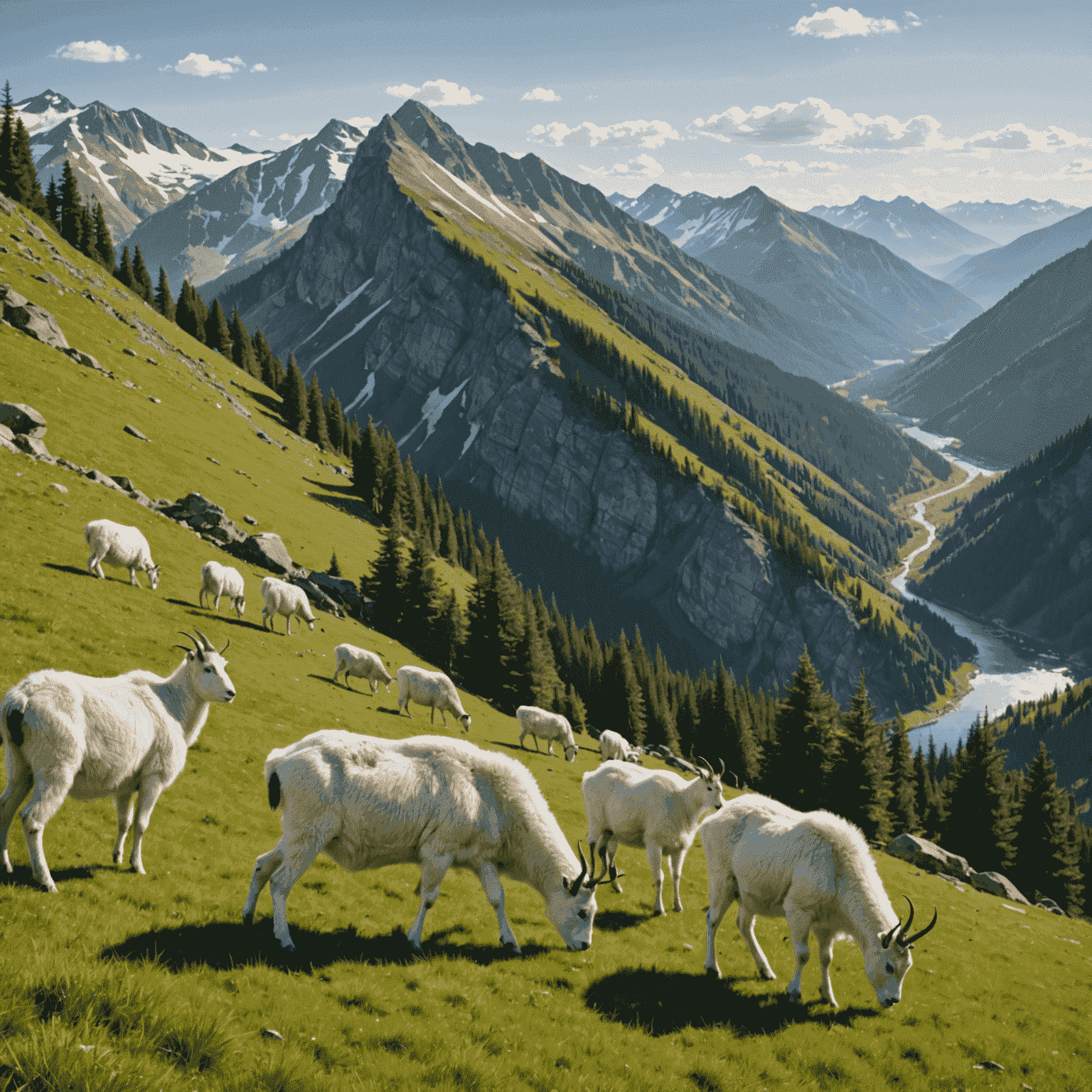 A small herd of mountain goats grazing on a grassy slope with the Mount Dew resort visible in the distance