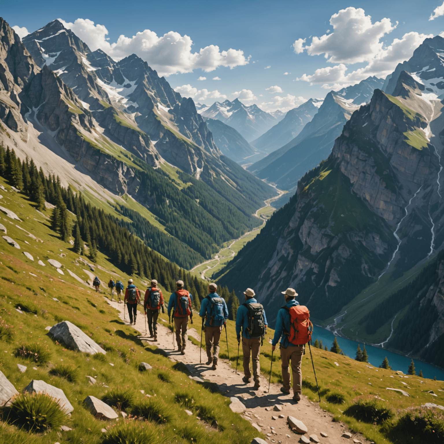 A group of hikers led by a guide, trekking through a scenic mountain trail with breathtaking views of valleys and peaks