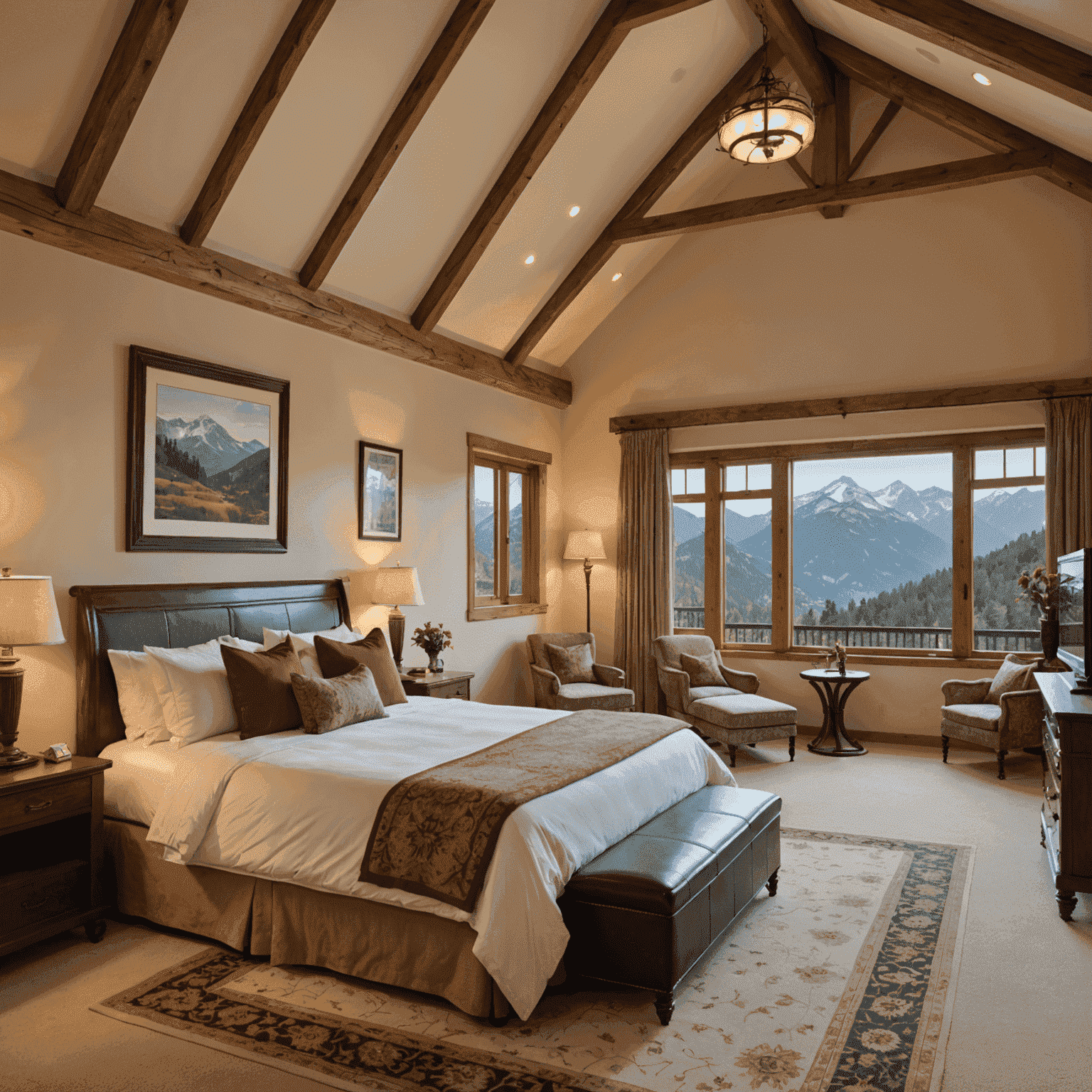 A spacious and elegantly decorated suite with large windows offering panoramic mountain views. The room features a king-size bed, a sitting area with a fireplace, and a private balcony.