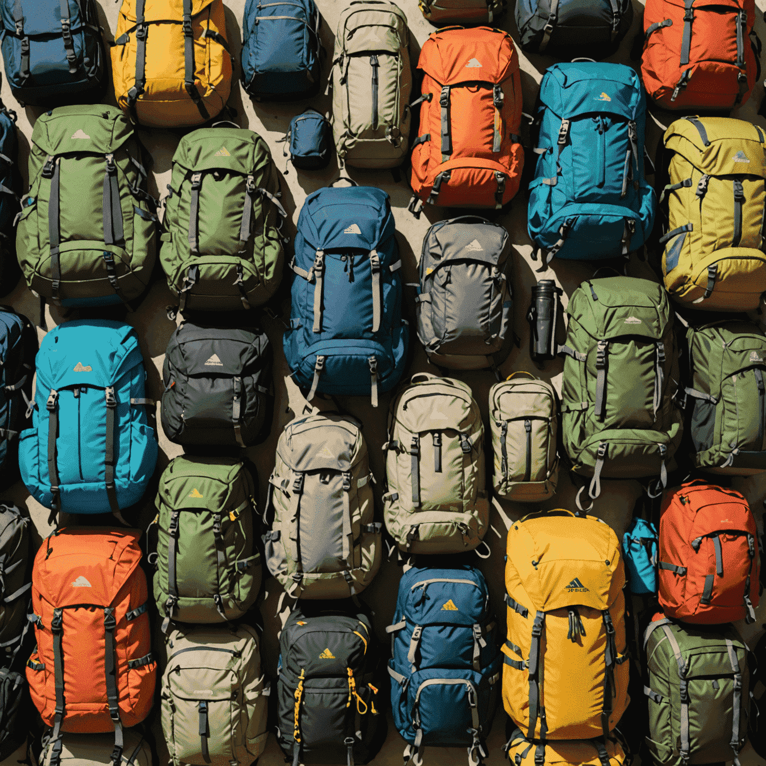 Assortment of hiking backpacks in different sizes and styles, from day packs to large expedition backpacks