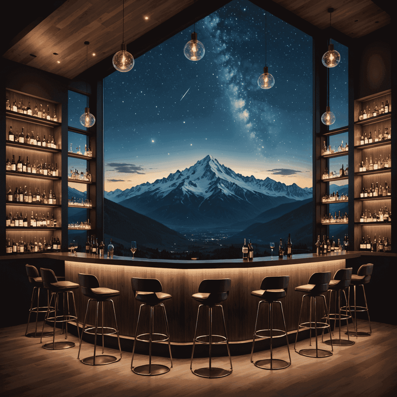 A modern, sleek bar area with high stools, ambient lighting, and a backdrop of illuminated bottles. Large windows showcase the starry mountain sky