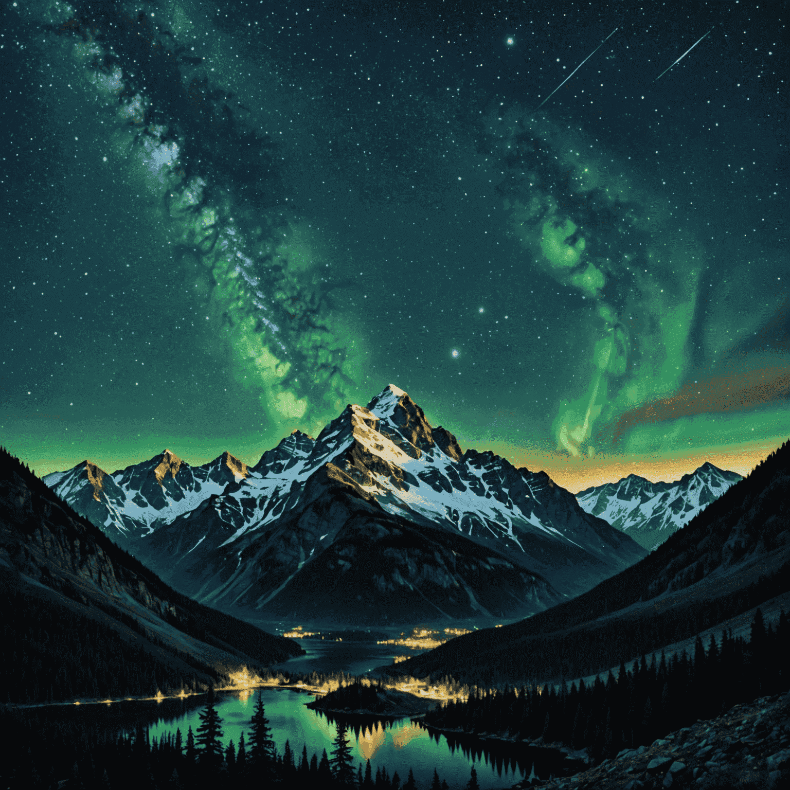 A breathtaking view of a starry night sky over Mount Dew, with silhouettes of mountain peaks visible