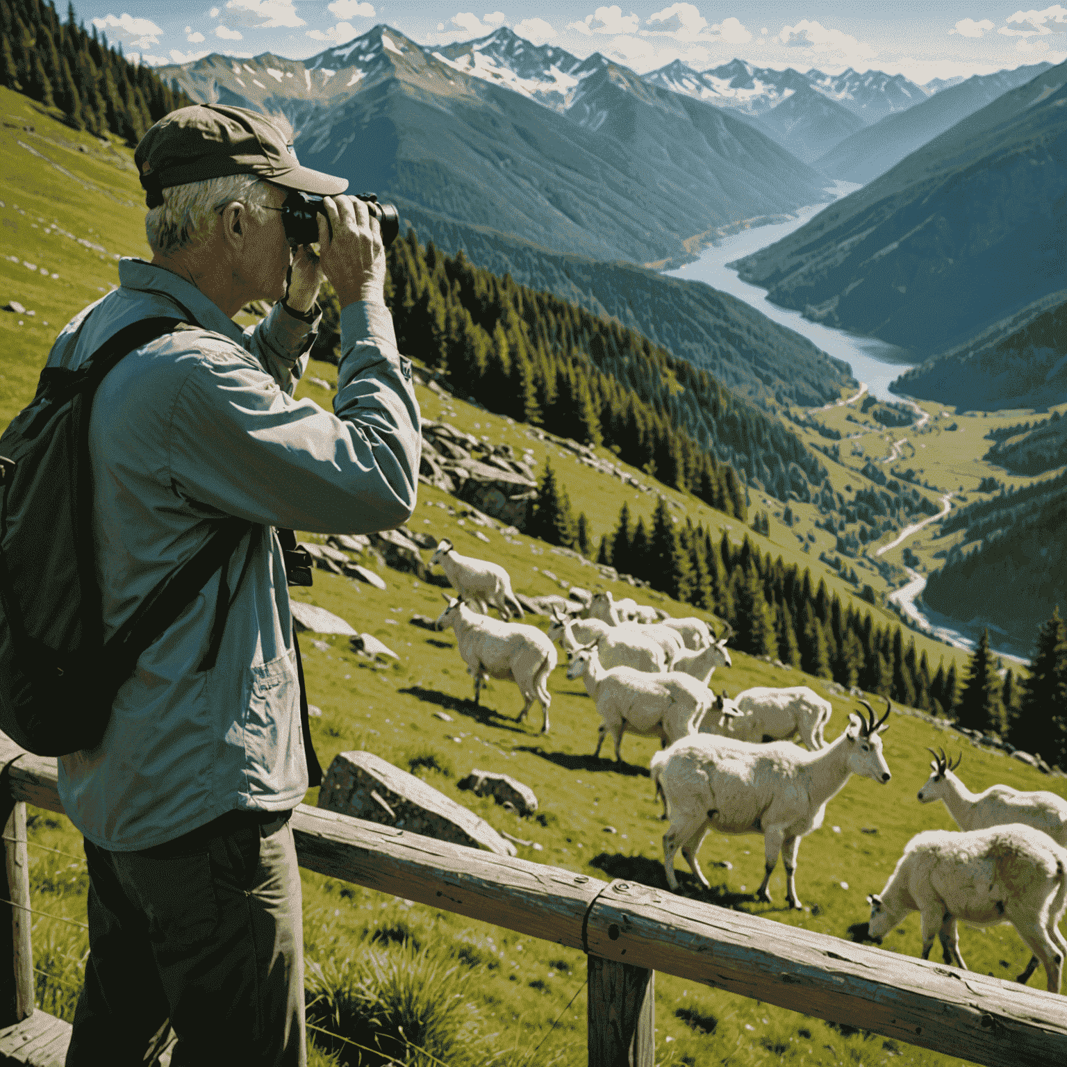 A guest at Mount Dew resort using binoculars to observe mountain goats from a safe distance on a scenic viewpoint