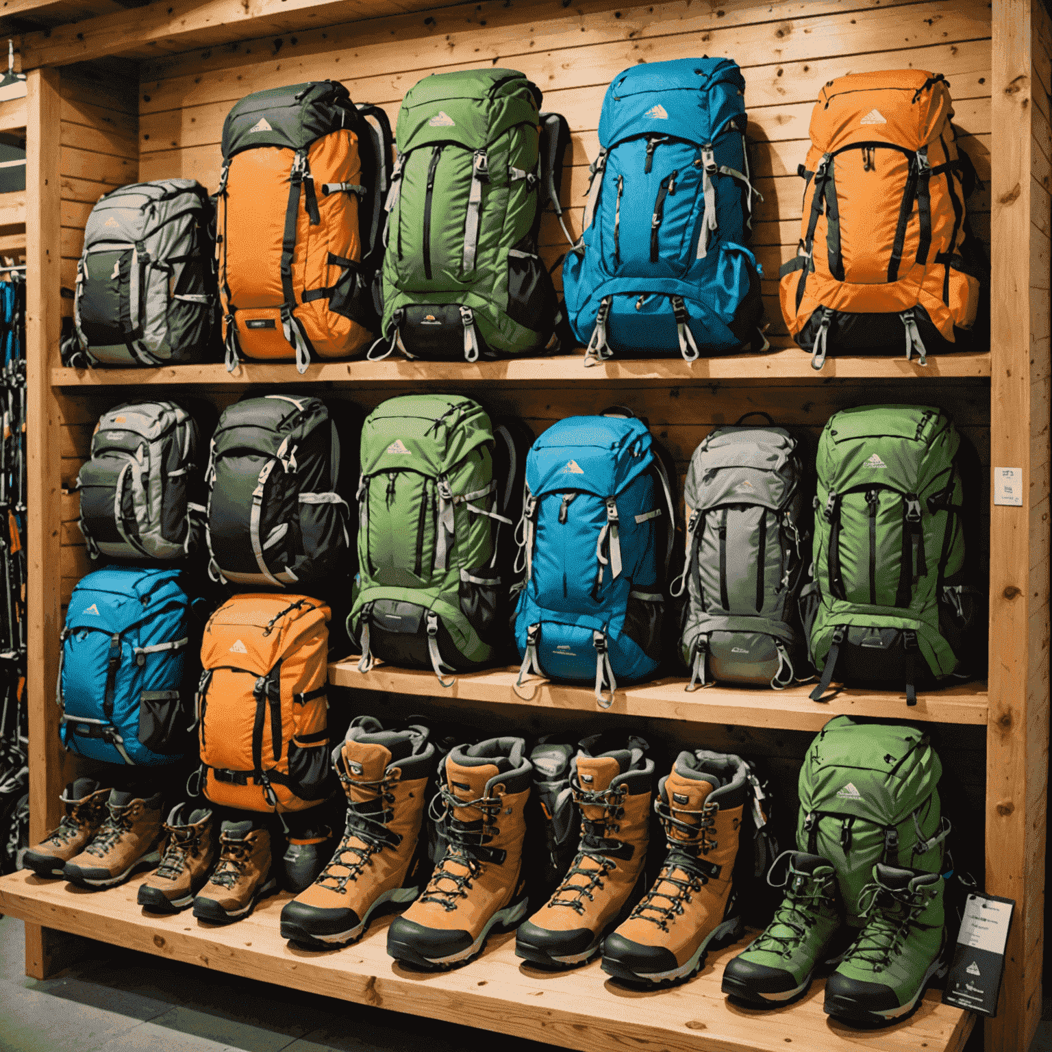 A display of high-quality mountain gear including backpacks, hiking poles, boots, and climbing equipment available for rent