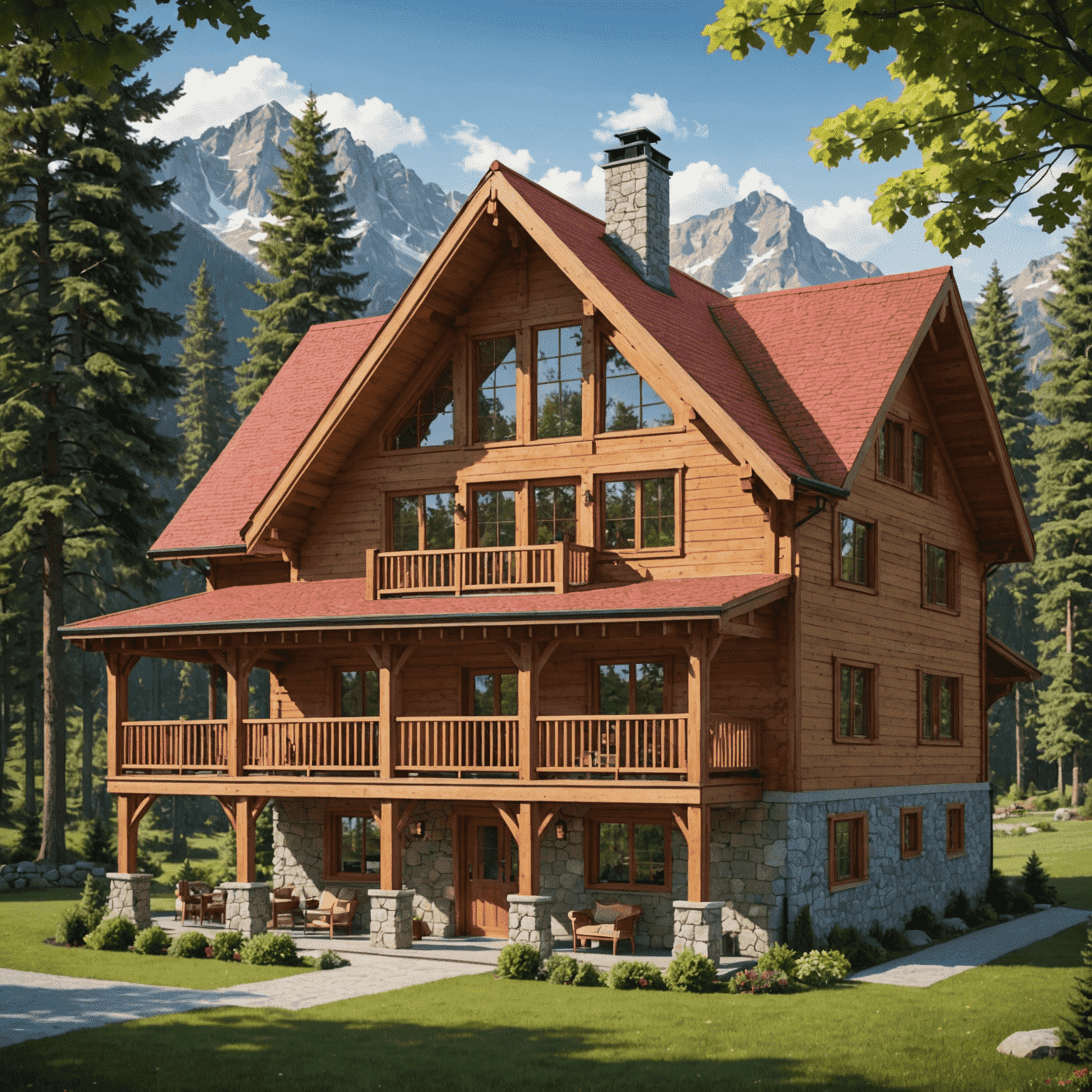 A charming two-story chalet with a wooden exterior and a red roof. The image shows a spacious living area with large windows, multiple bedrooms, and a outdoor area perfect for family gatherings.