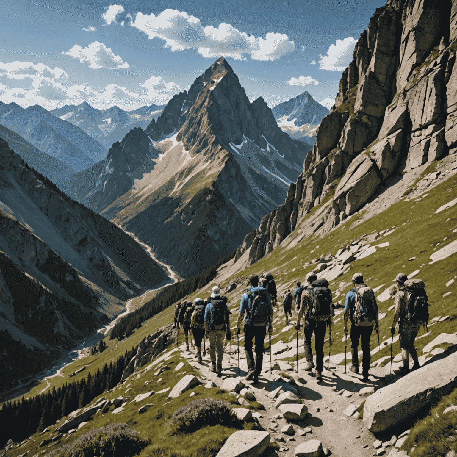 A group of hikers on a challenging mountain trail, navigating rocky terrain with beautiful mountain peaks in the background.