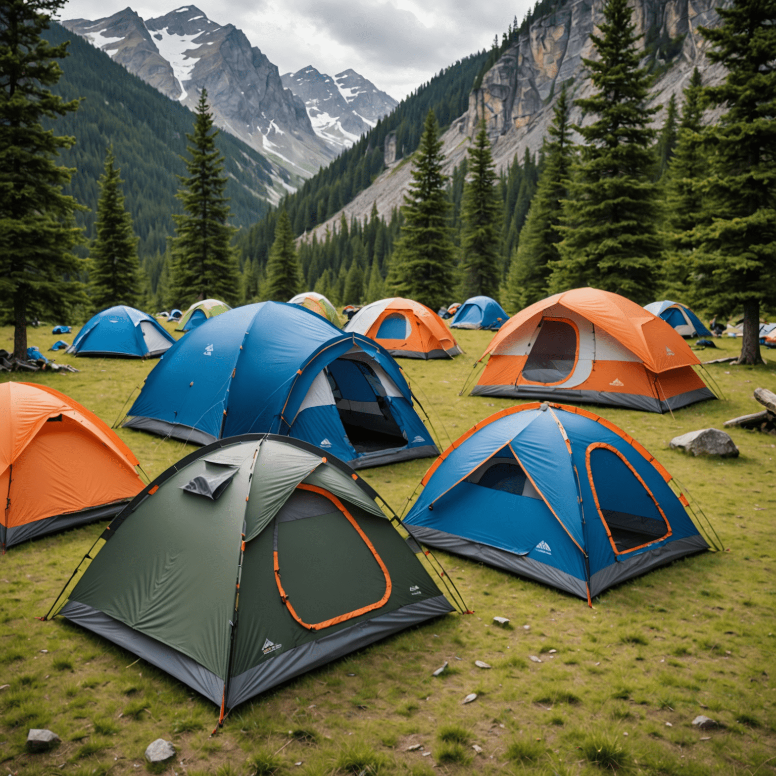 Various camping tents set up in a mountain environment, ranging from lightweight backpacking tents to larger family-sized tents