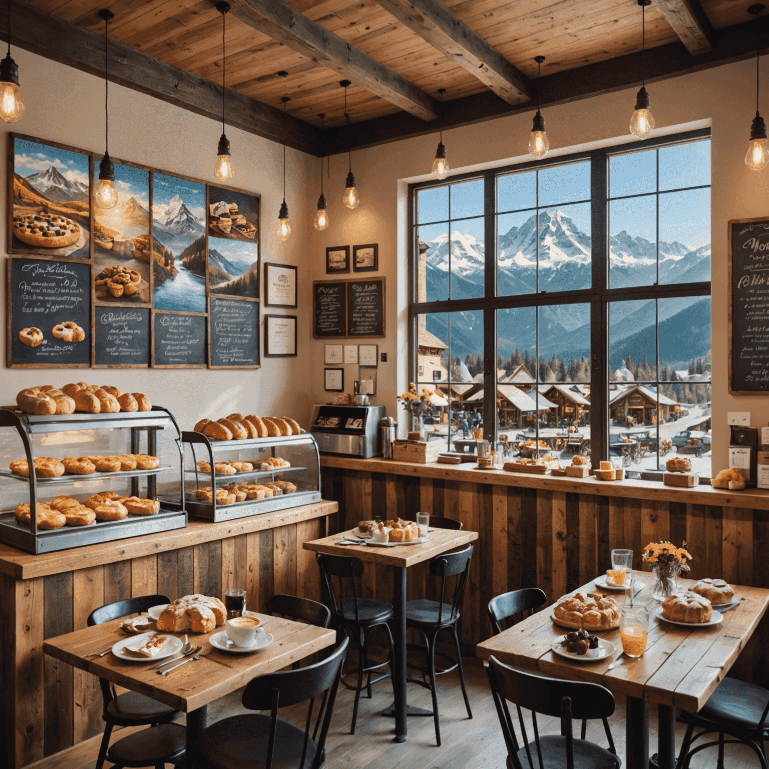 A bright and airy café with rustic wooden tables, colorful cushions, and a display of freshly baked pastries and cakes. Mountain-themed artwork adorns the walls