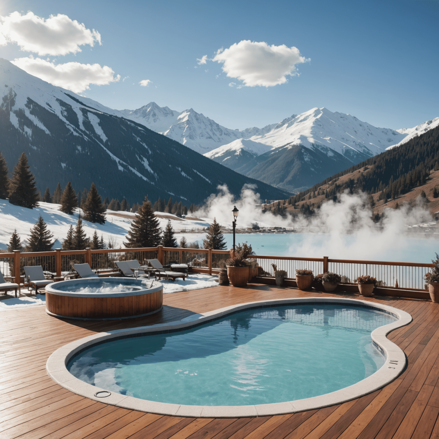 Steaming outdoor hot springs pool with snowy mountain backdrop