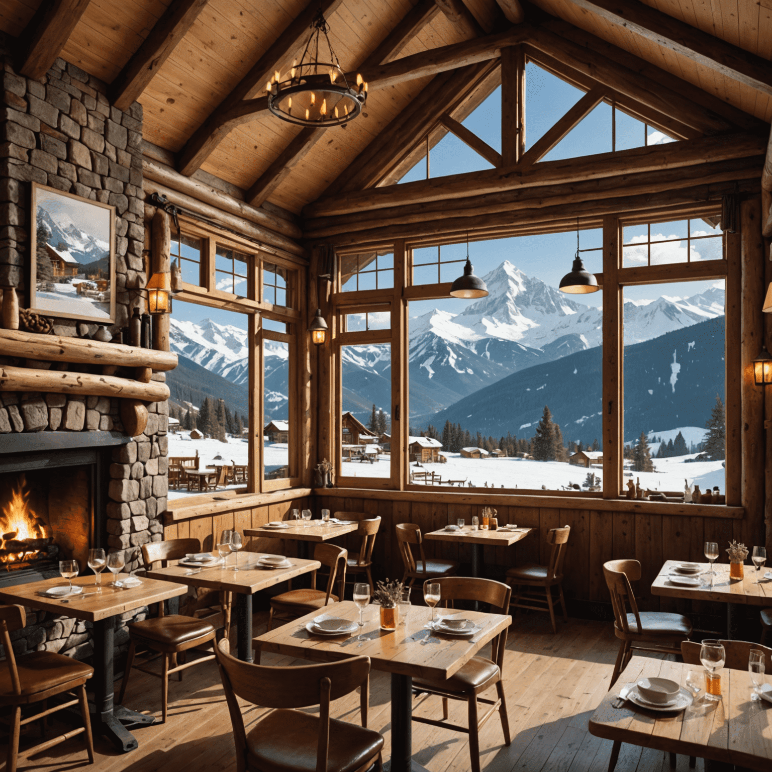 A rustic mountain restaurant interior with a fireplace, wooden tables, and a window view of snow-covered peaks, featuring local cuisine dishes