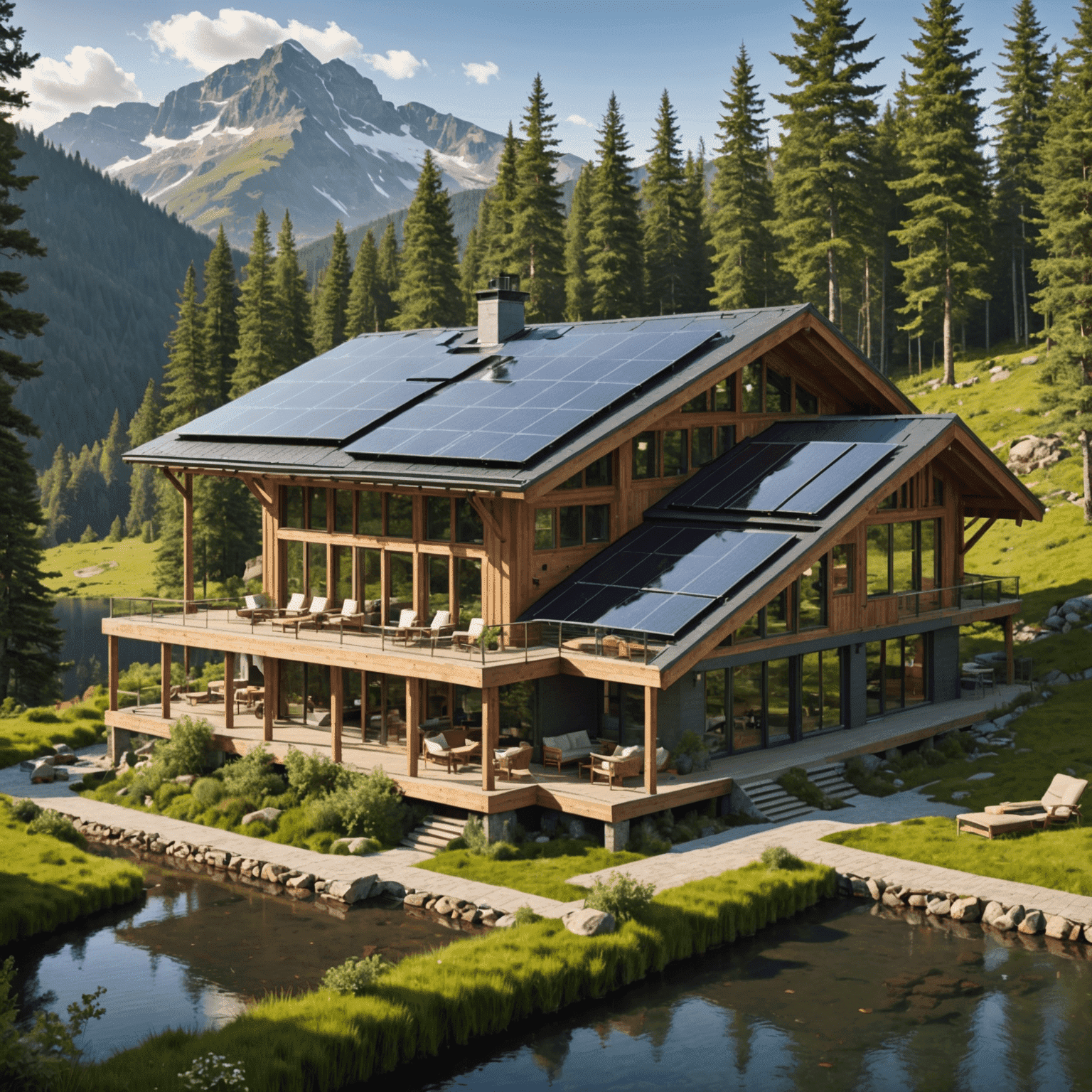 An environmentally friendly lodge built with sustainable materials. The image showcases solar panels on the roof, a green living roof section, and the lodge seamlessly blending with the surrounding nature.