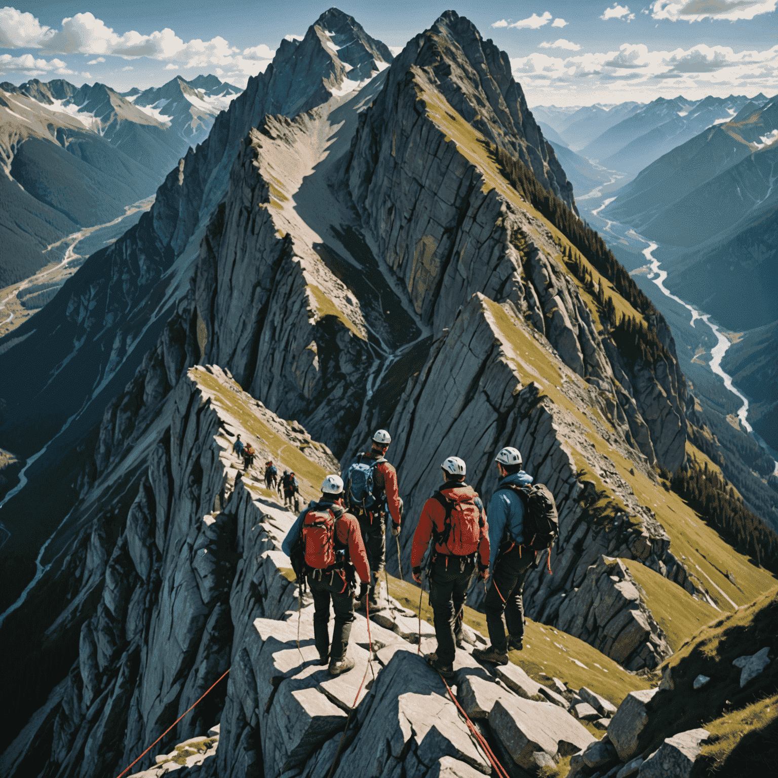 A small group of experienced hikers scaling a steep mountain face with ropes and harnesses, surrounded by dramatic alpine scenery.