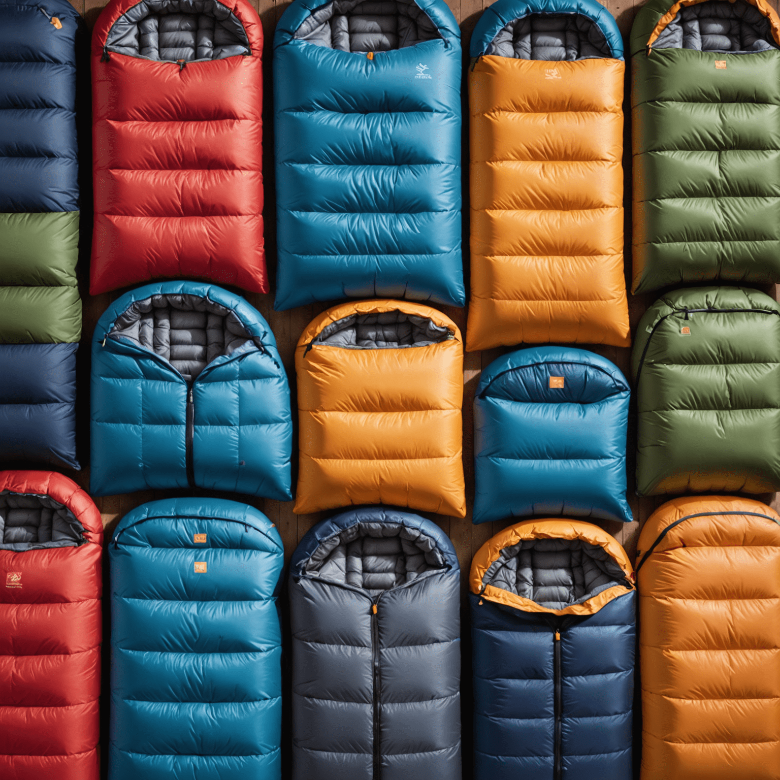 Collection of sleeping bags suitable for different temperatures and seasons, displayed in various colors and sizes