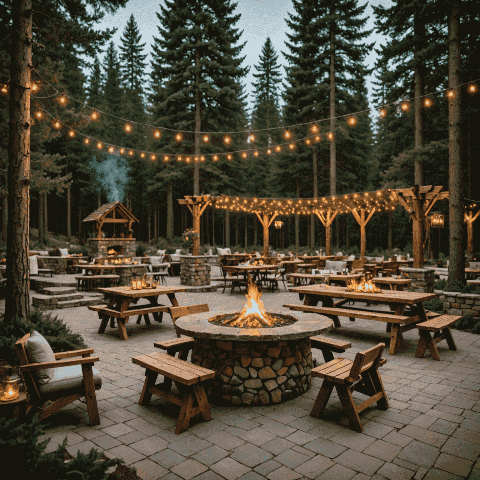 A picturesque outdoor dining area with wooden tables and chairs, surrounded by pine trees. A stone fire pit and strings of fairy lights create a magical ambiance