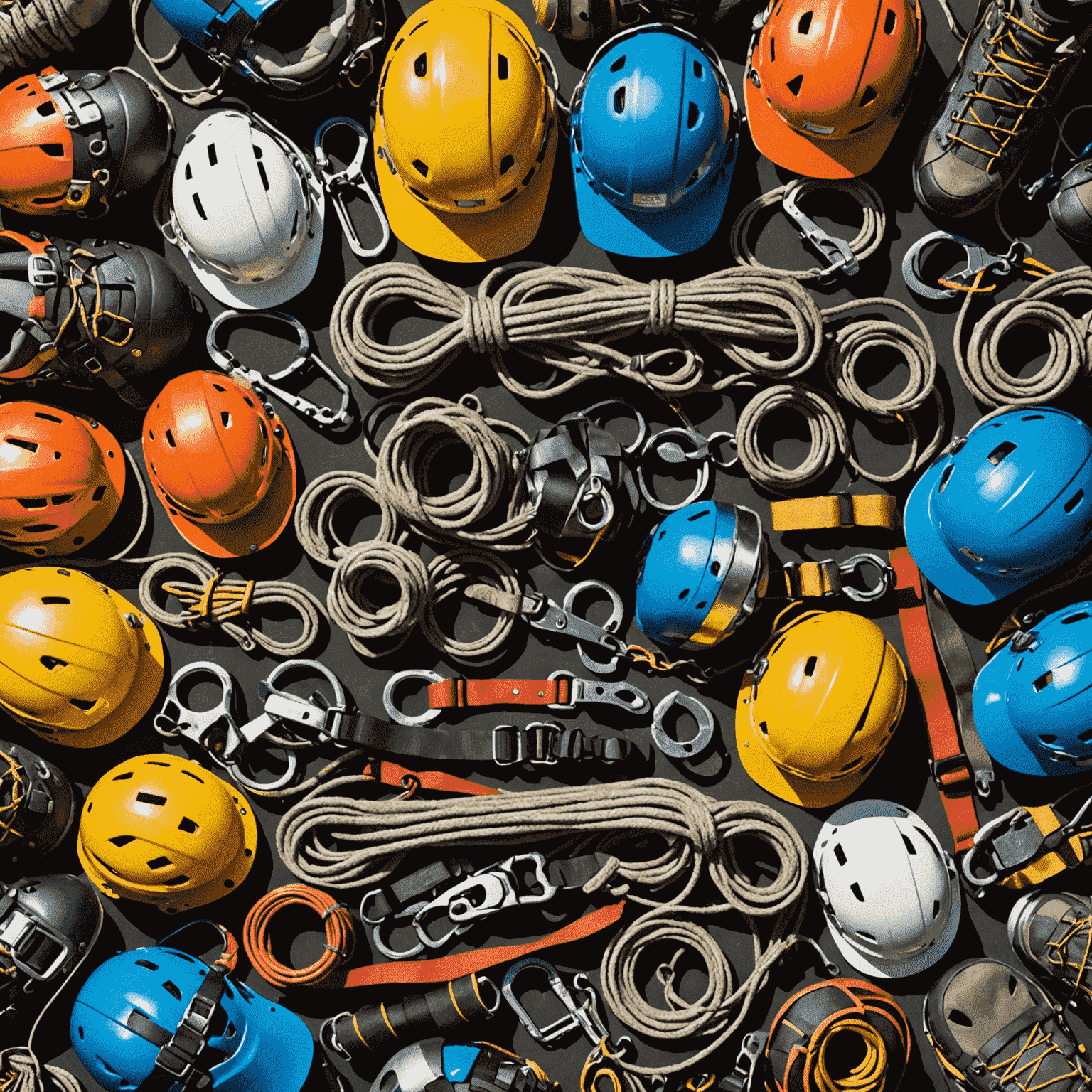 Assortment of climbing equipment including ropes, harnesses, carabiners, and helmets arranged neatly