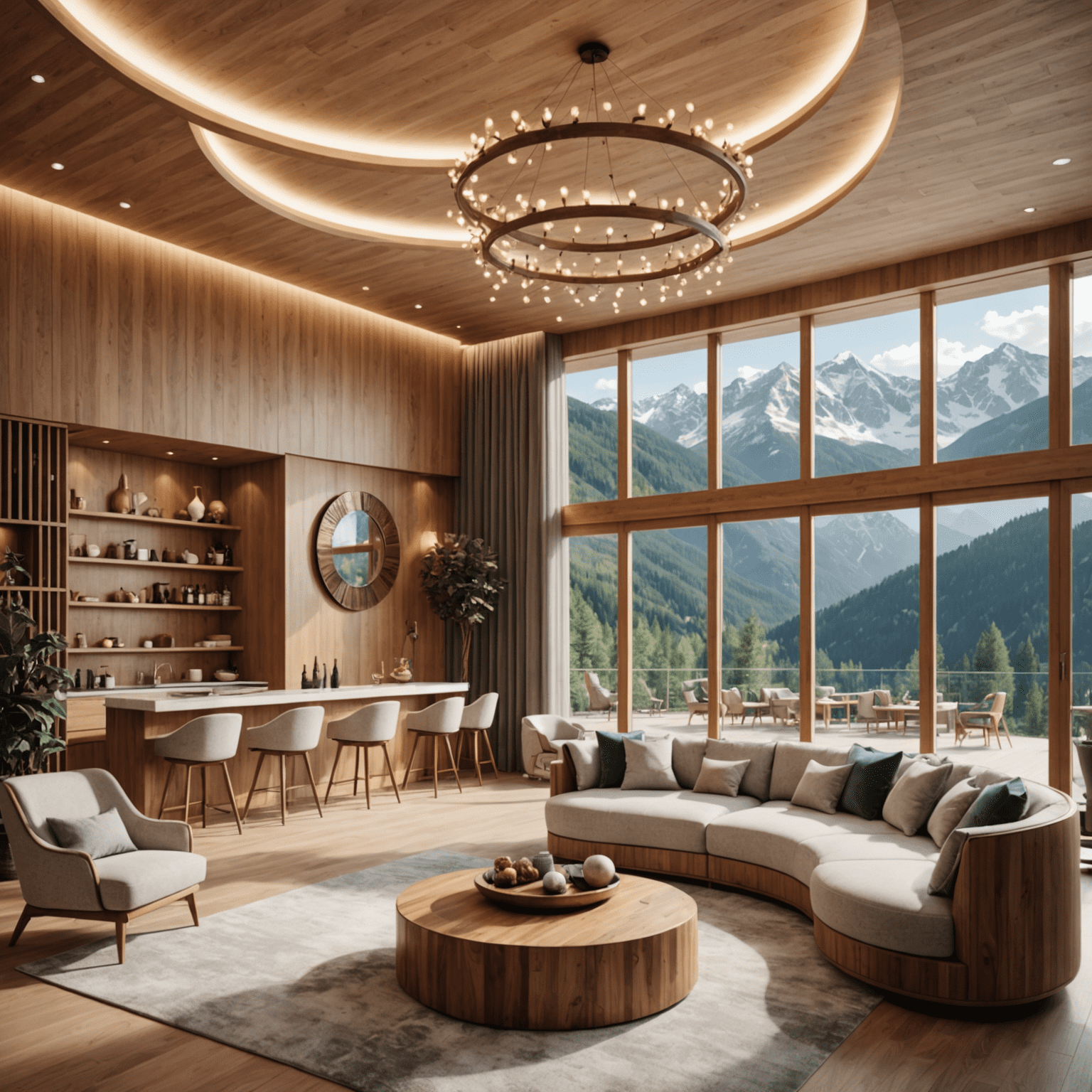 Luxurious interior of the wellness center with cozy relaxation areas and mountain-inspired decor