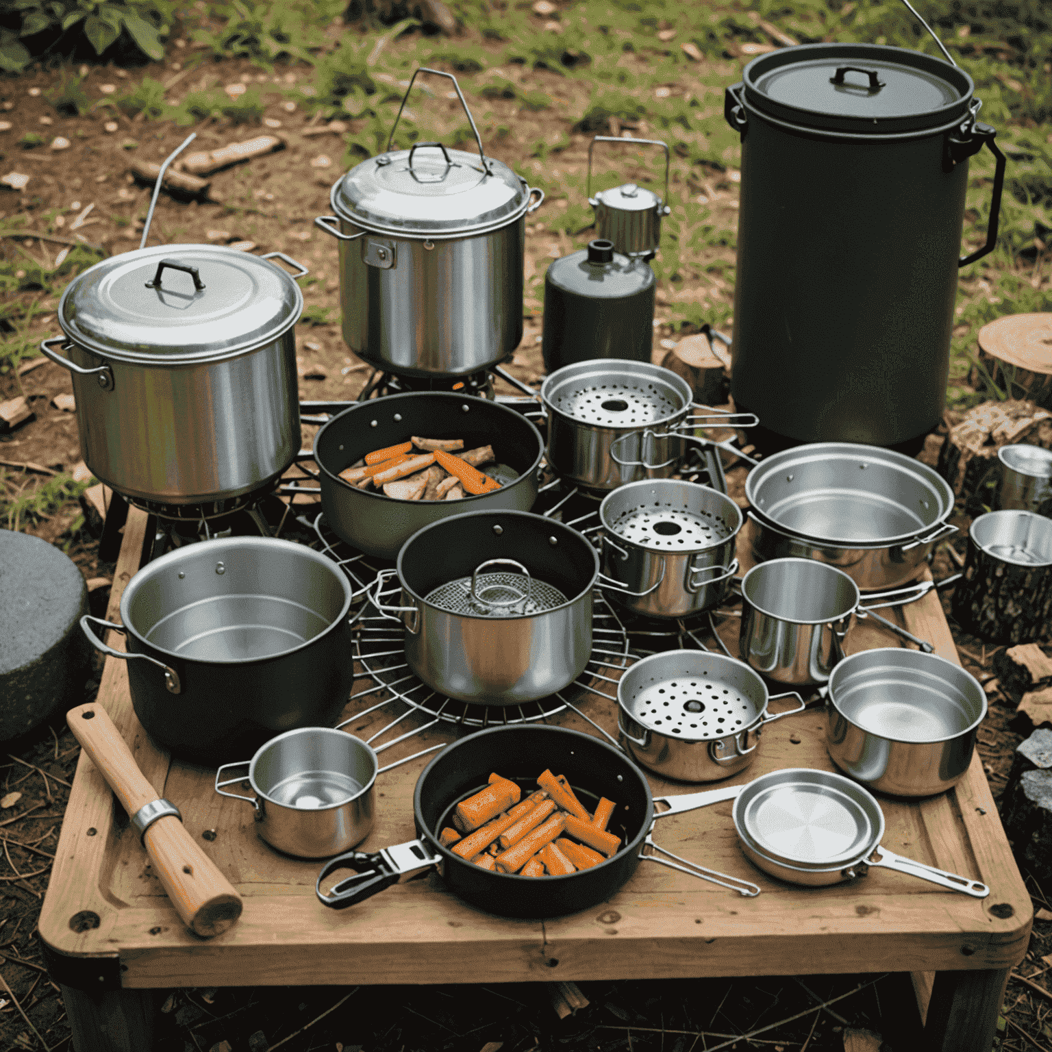 Compact camping stoves, pots, utensils, and water filtration systems laid out for outdoor cooking